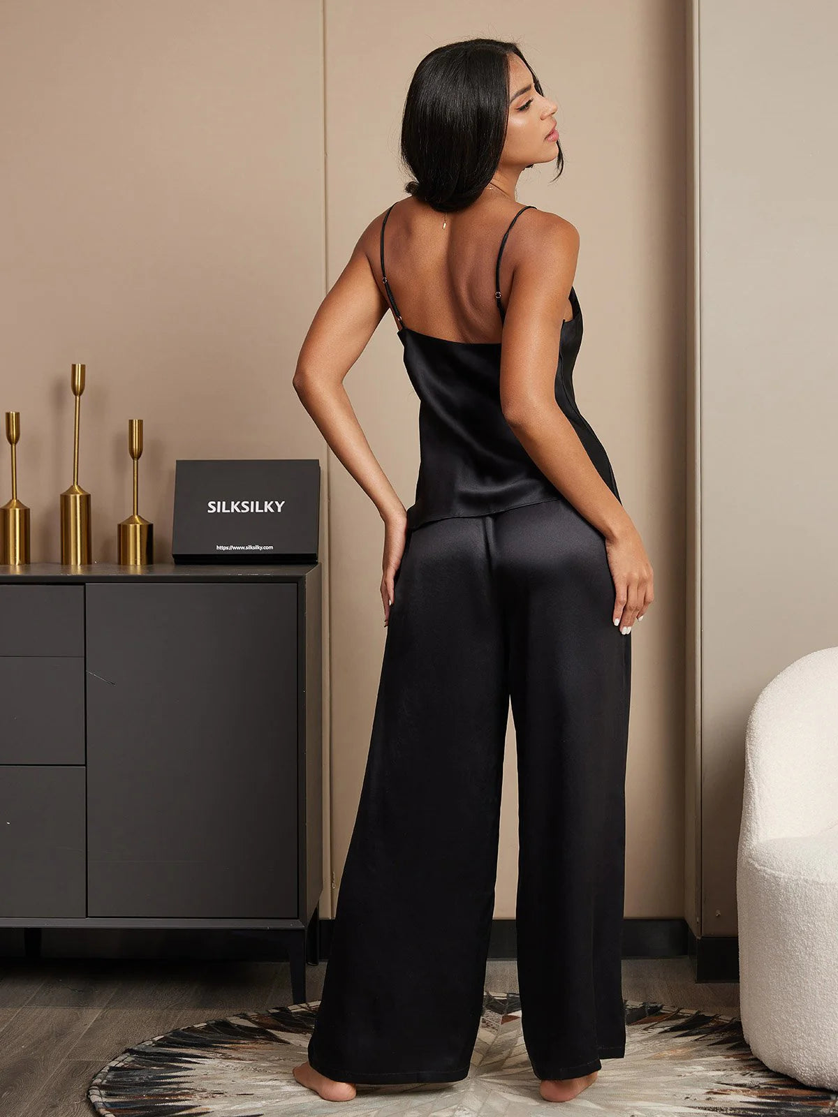 Pure Silk Spaghetti Strap V Neck Cami & Wide Leg Pants Set